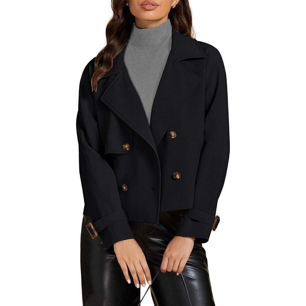 🆕Women Black Cropped Trench Coat Double Breasted Lapel Casual Loose Fit